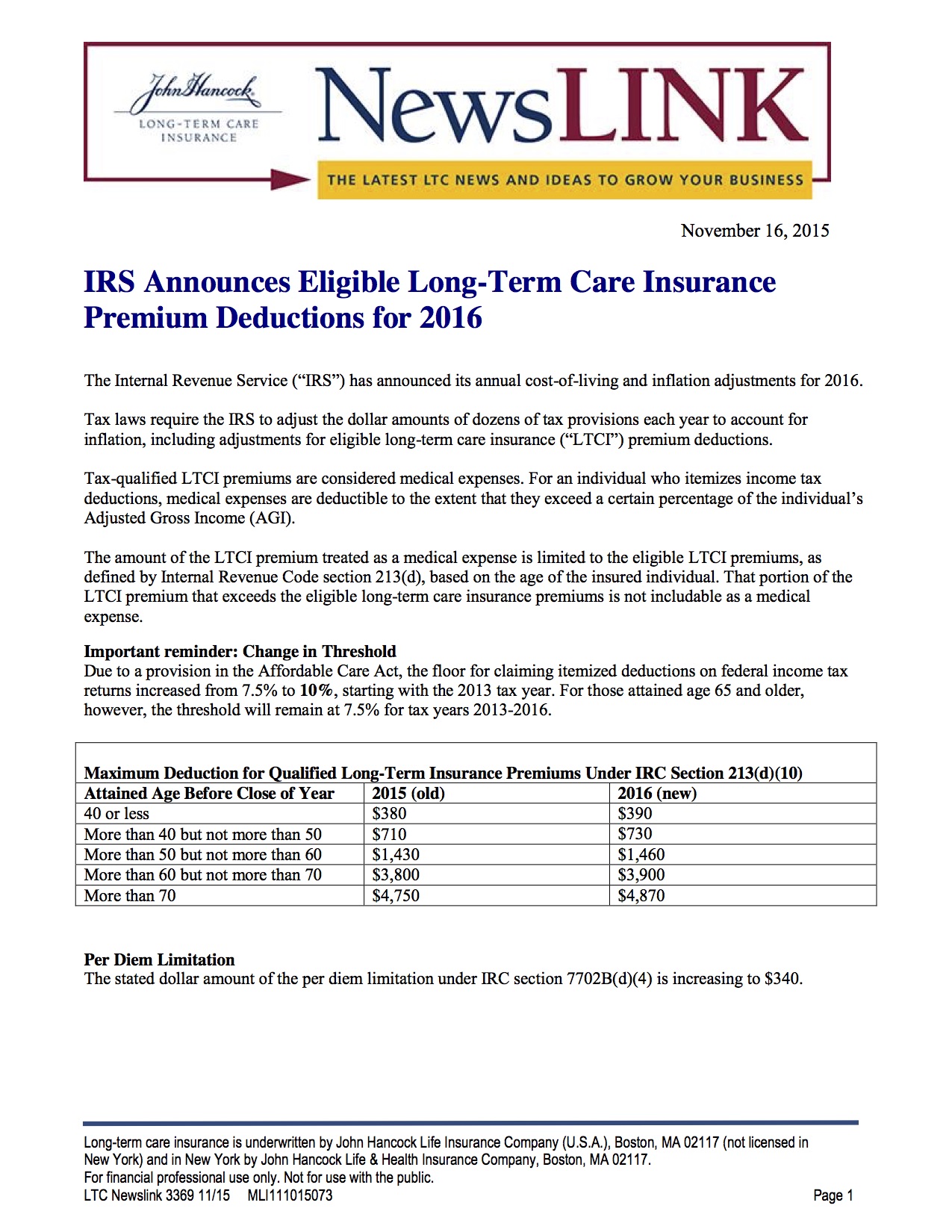 Long Term Care Insurance By Thw Services Llc Irs Announces Eligible Ltc Insurance Premium Deductions For 2017